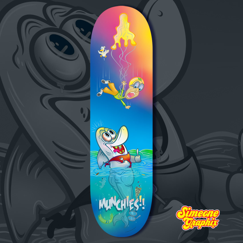 skateboard deck with colorful cartoon artwork