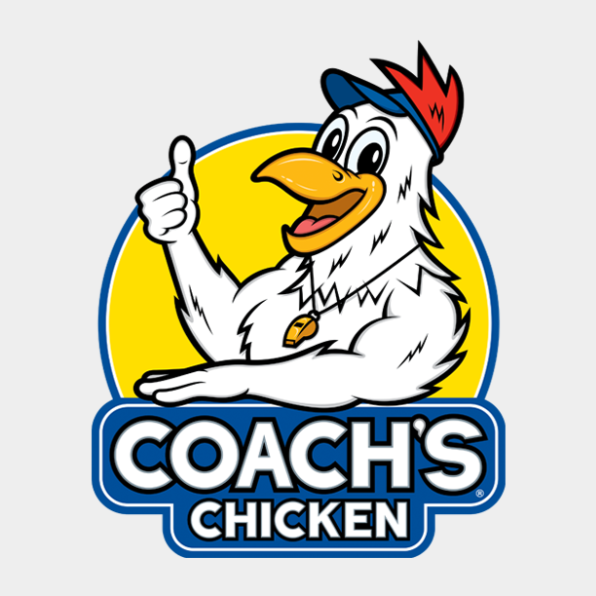 Mascot logo illustration for a chicken restaurant; bold character design of a smiling chicken coach wearing a sports visor and whistle, giving a thumbs up.