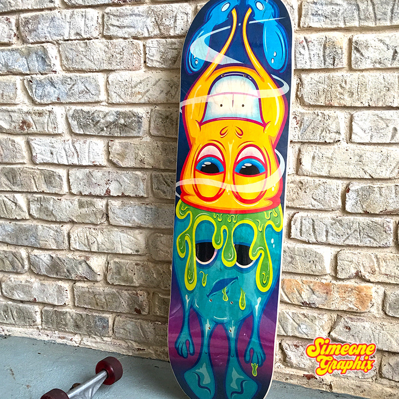 simeone graphix brainwash skateboard deck leaning on brick wall 001