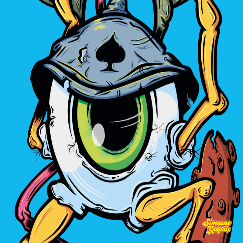 detail of flying eye monster skateboard deck