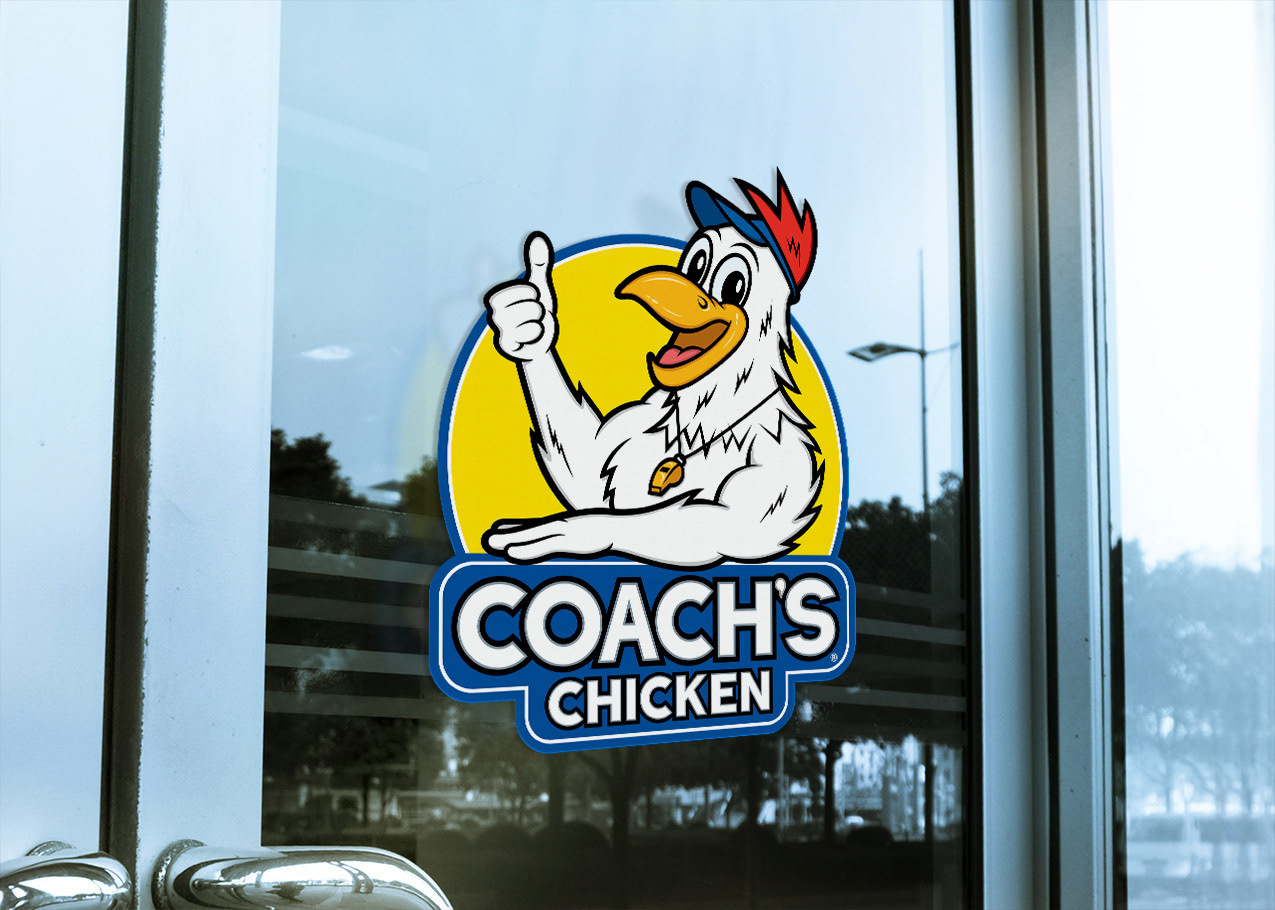 Mascot Logo design signage applied to the glass door of a restaurant