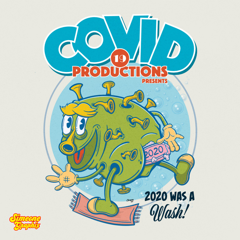 digital illustration of a cartoon Covid 19 germ washing his ass with a bar of soap that symbolizes the year 2020