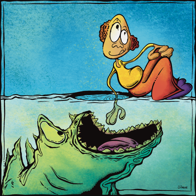 Design Inquiry email scams illustration of a man sticking his had in a hole and a monster below with his mouth open to eat it