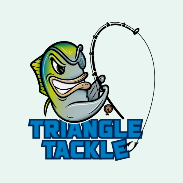 Professional logo illustration featuring a game fish mascot with a furrowed brow and clenched jaw, struggling with a bent fishing rod. A high-energy mascot logo for a fishing brand.