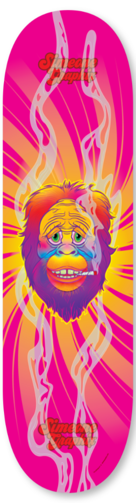 colorful skateboard artwork of Bigfoot smoking a joint