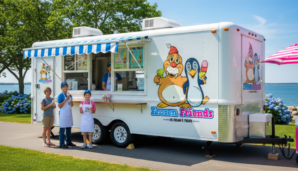 Mascot logo design graphics applied to a mobile ice cream truck