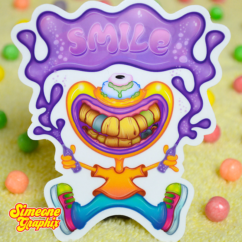 cartoon sticker of a cyclops kid with rotten teeth holding two bottles of grape soda with the word smile