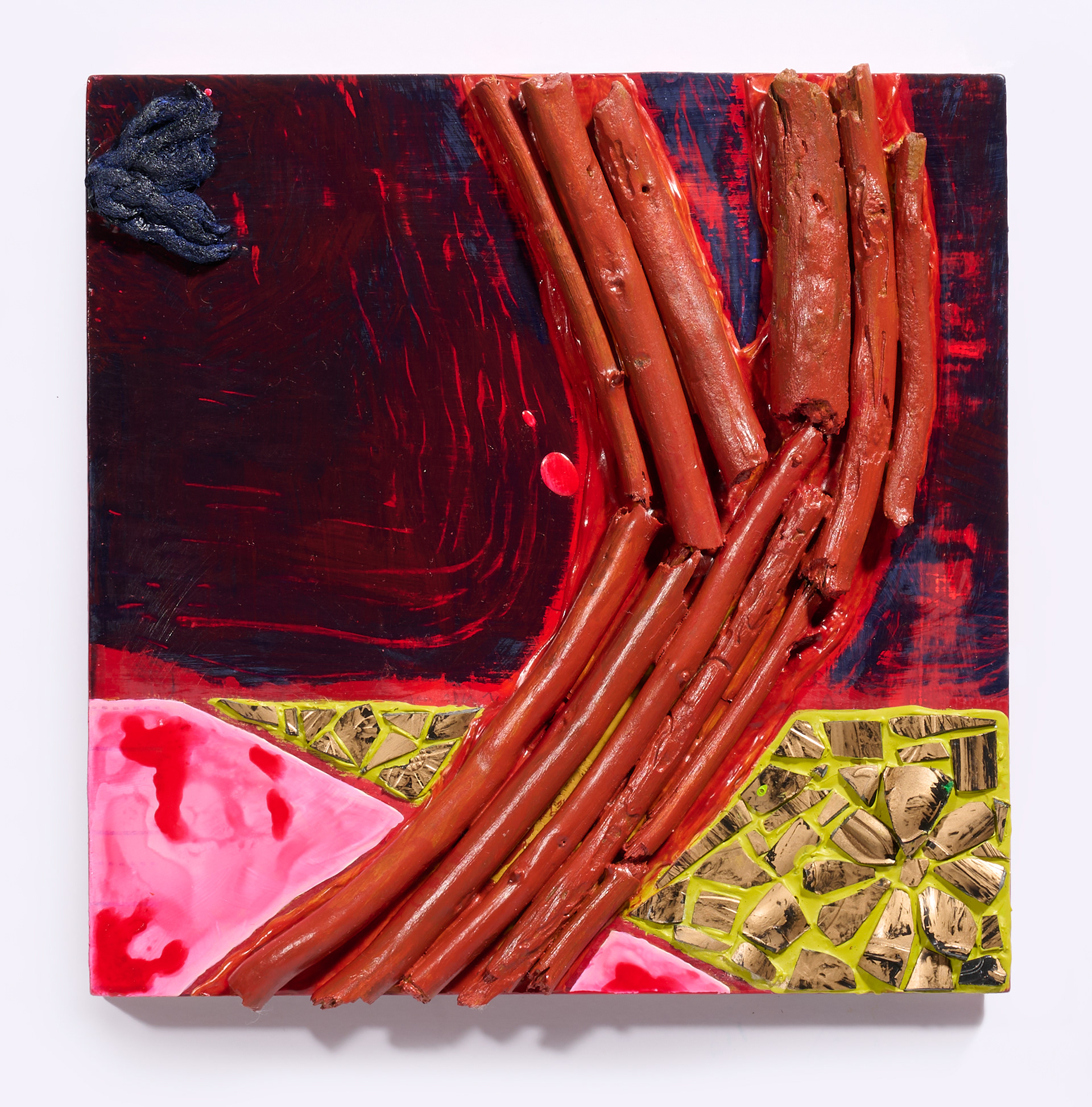 Guns and Sticks - 8" x 8" - Acrylic, Sticks, Toy Gun Remnants, and Toy Mop - 2026