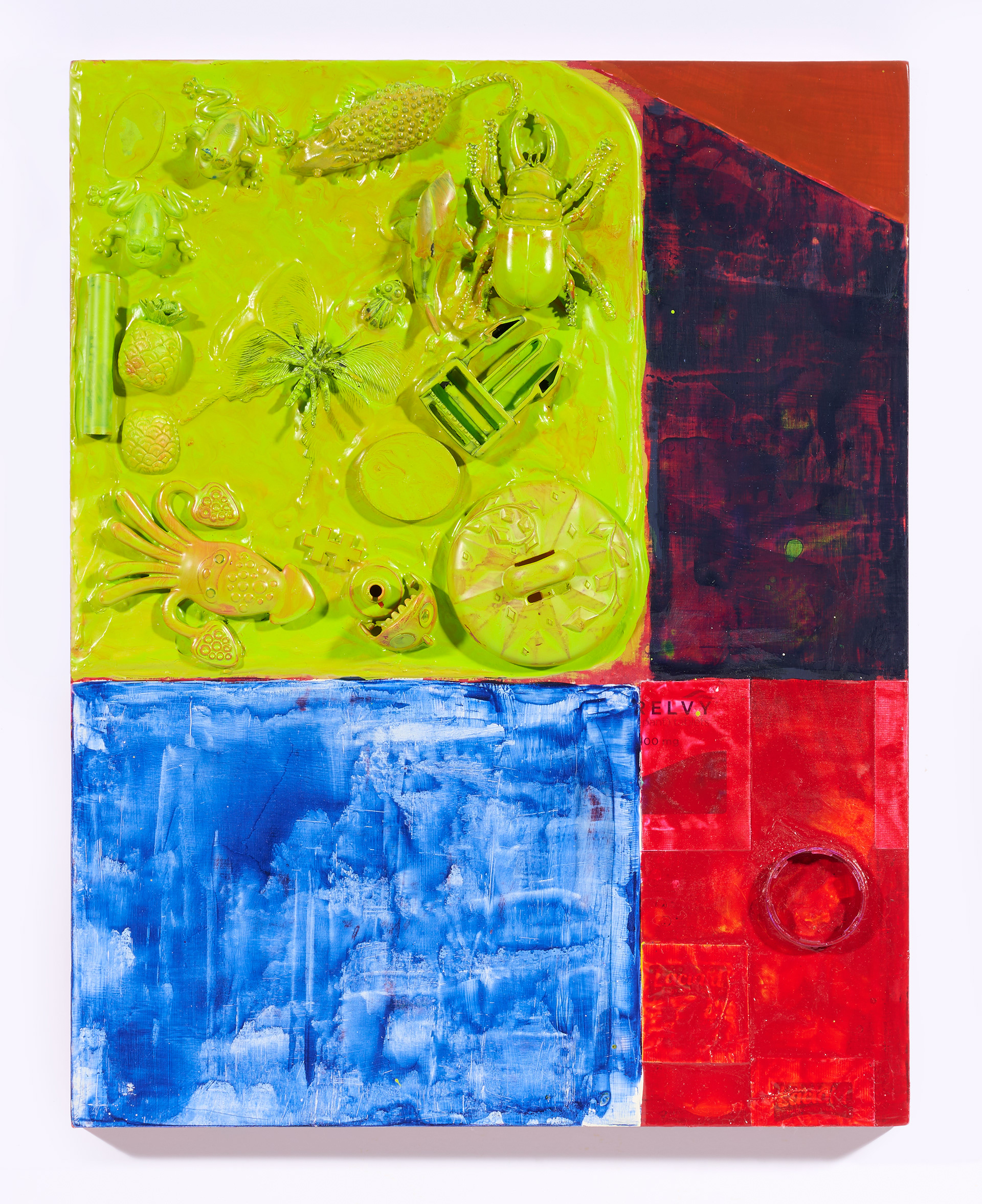 All the Small Things - 11" x 14" - Acrylic, Found Toys, Lactaid Wrappers, Migraine Medication Wrappers, and Electrolyte Tablet Packaging - 2026
