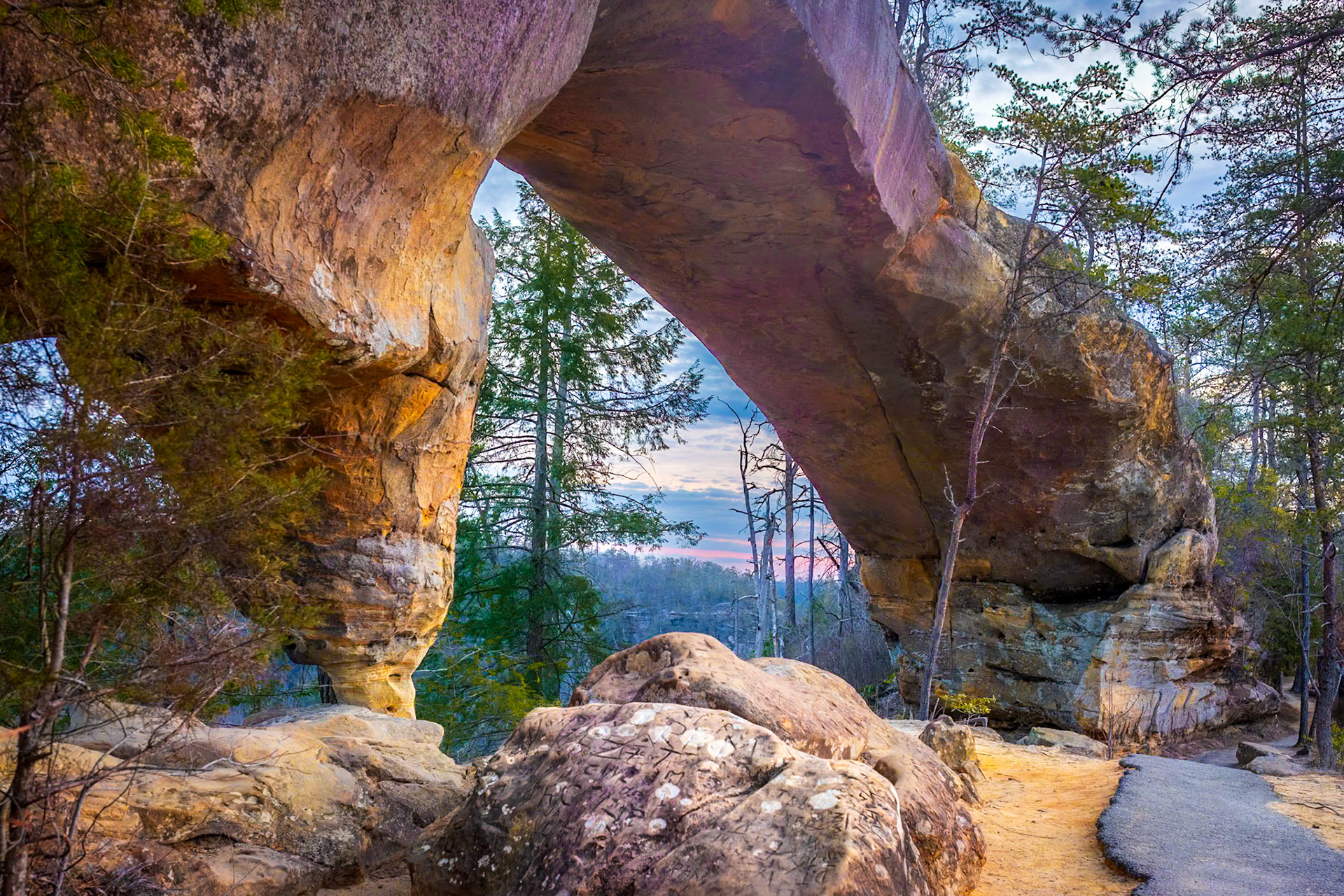Early morning light illuminating the Skybridge Arch in Red River Gorge, Kentucky