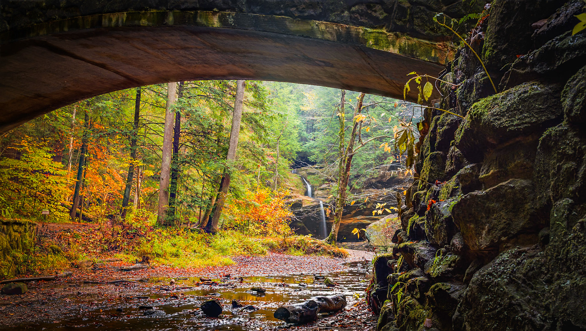 Lower Falls dressed in the vivid colors of a late autumn morning at Old Man's Cave nature area