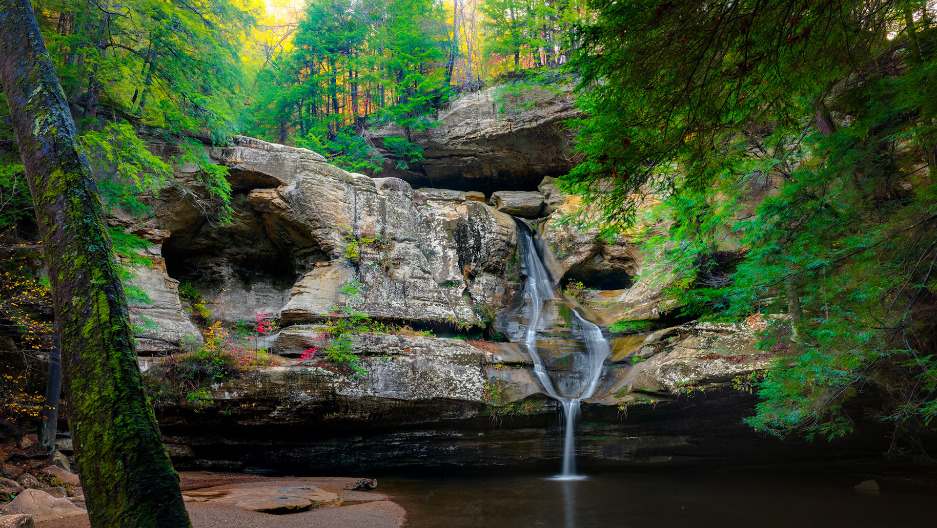 Late autumn view of Queer creek descending through Hocking Hills in Ohio at Cedar Falls