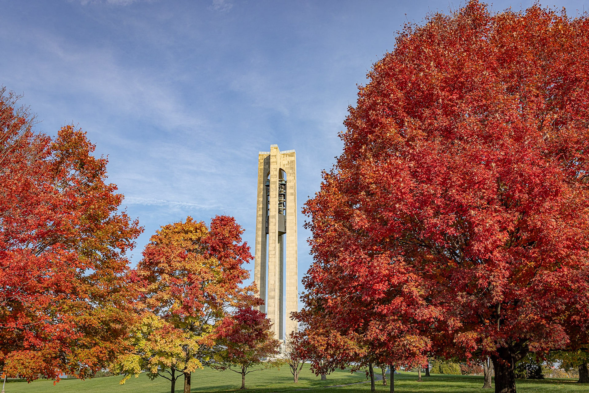 Peak fall colors frame the bells in Dayton, Ohio