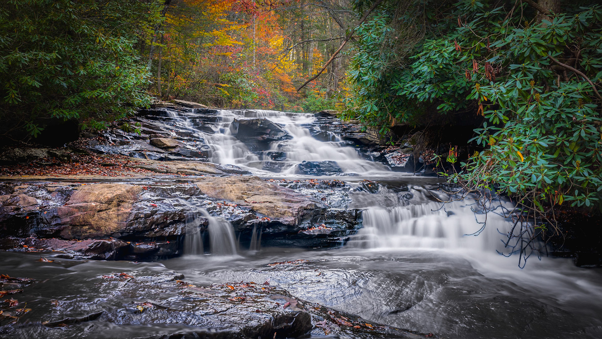 Late October view of Mann's Creek waterfall in Babcock State Park of West Virginia