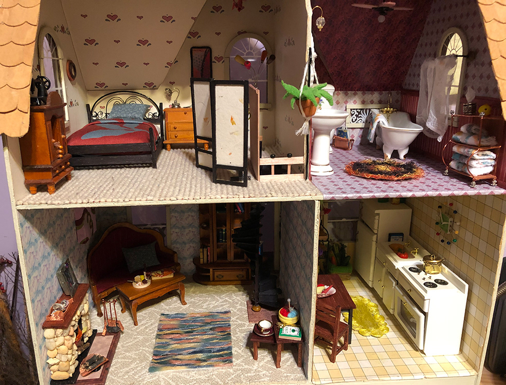 VICTORIAN DOLL HOUSE from kit: wallpaper, carpeting (upholstery swatches), shingles