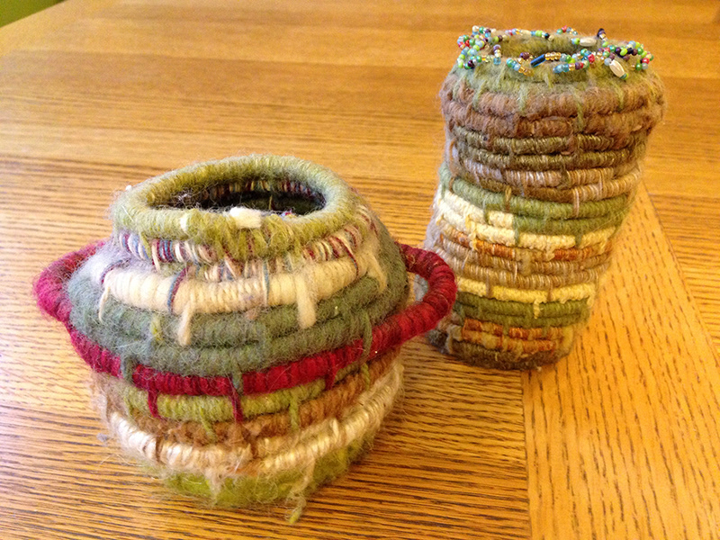 COILED BASKETS: yarn-wrapped rope, beads