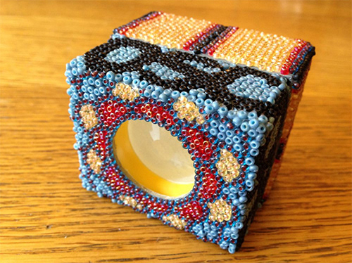 KALEIDOSCOPE inside small box, glued seed beads