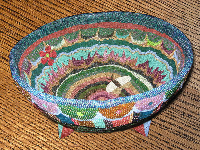 PAPIER MACHE BOWL: glued seed beads