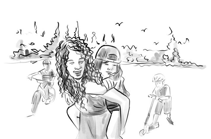 Drawing of a family outdoors. One girl is on her mother's back and she's blind. Two guys are on bikes in the background.