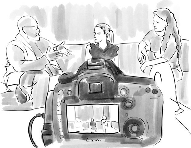 Illustration of my view of interviewing Christina with two hosts