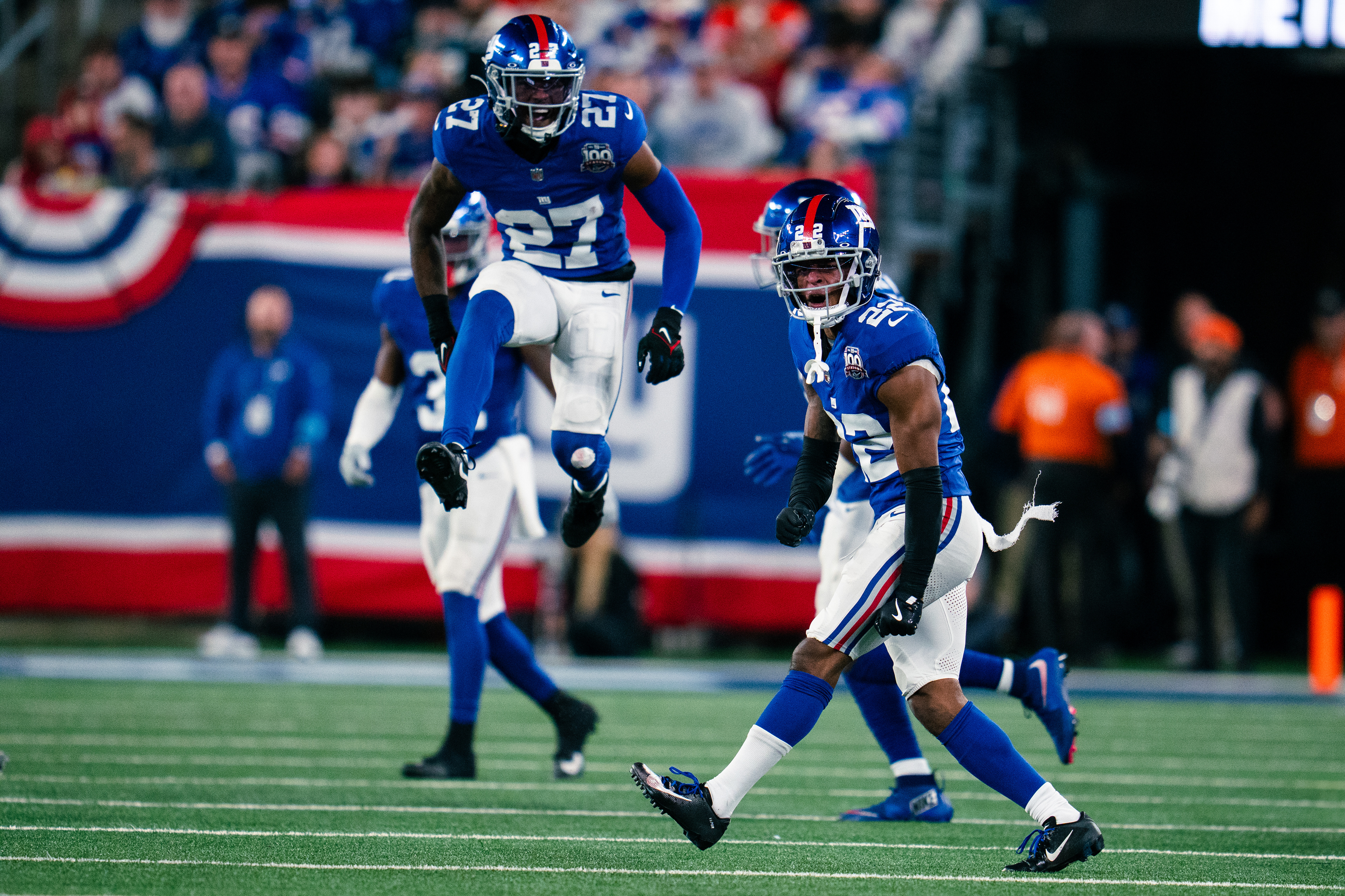 New York Giants Dru Phillips (22) celebrating a turnover