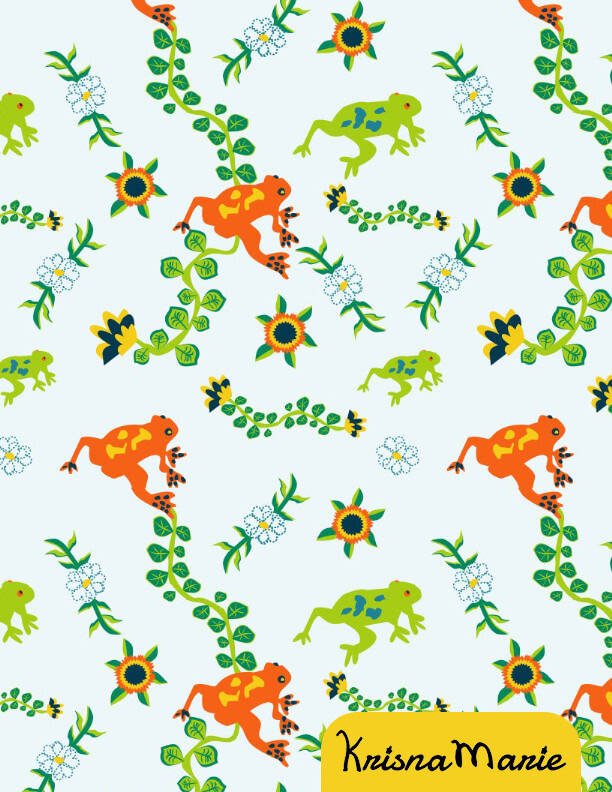A frog, floral and vine surface pattern by Krisna Marie.