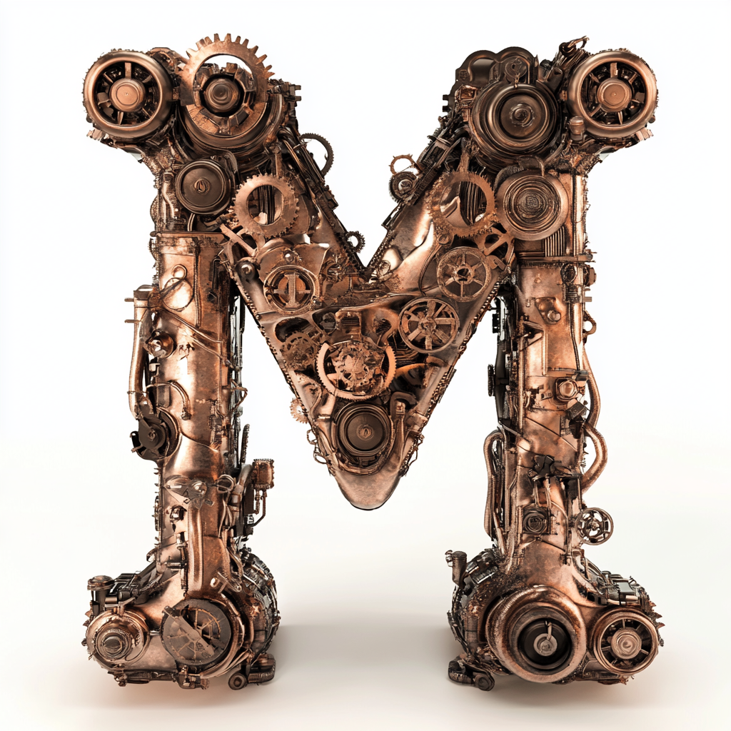Creación en 3D de letra 'M' en estilo steampunk