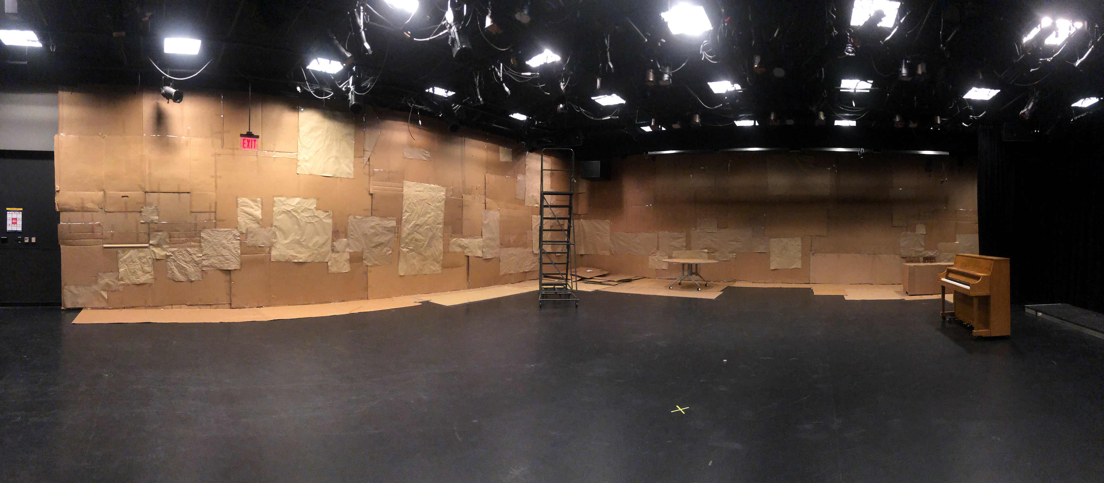 My design was over 2,000 sq ft of recycled cardboard found by dumpster diving to promote sustainability within theatre. We used paper to paint on for each show and reused as much as possible.