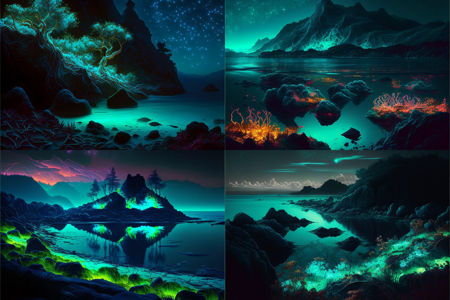 landscape, bioluminescent colors