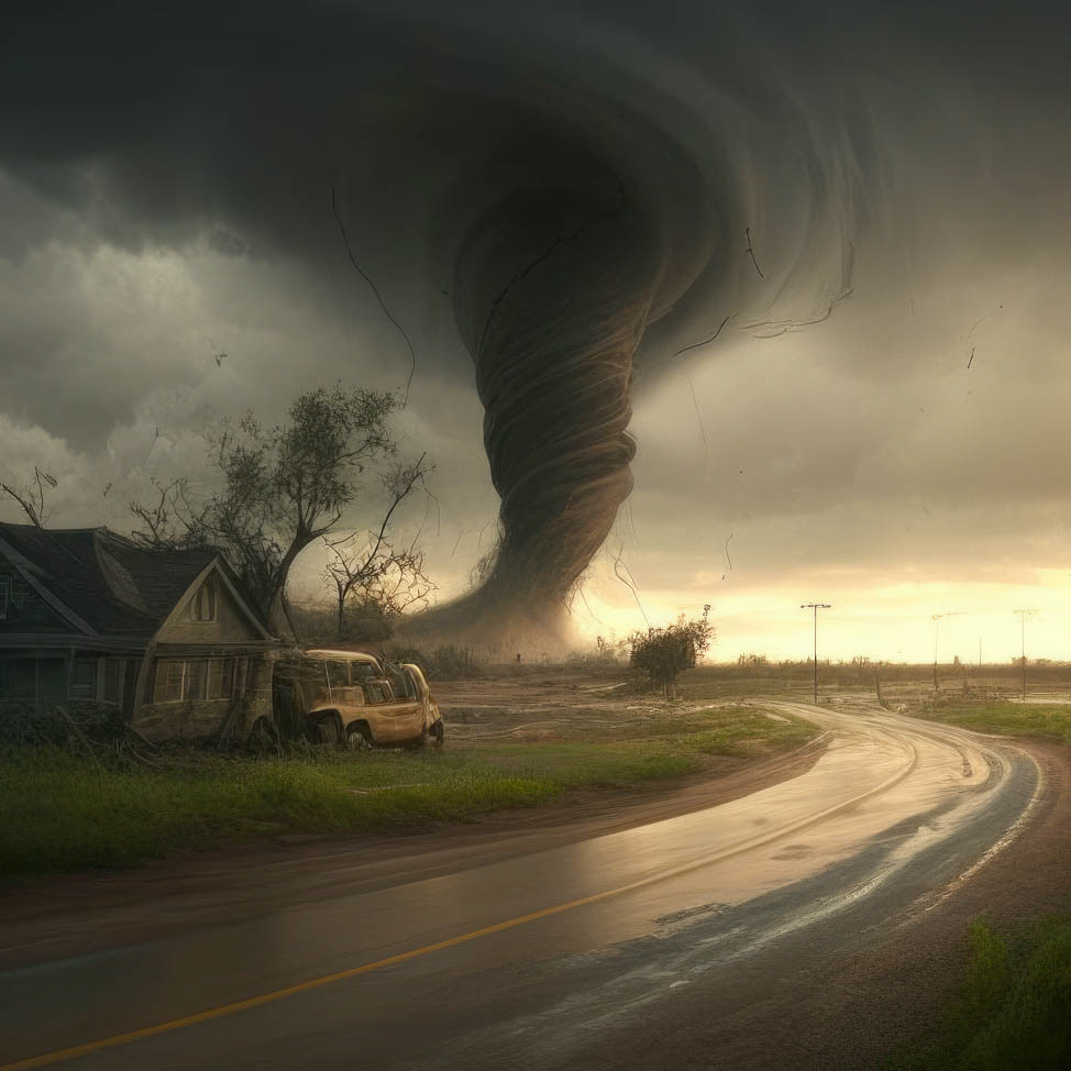 paisaje con un tornado destrozando una casa.