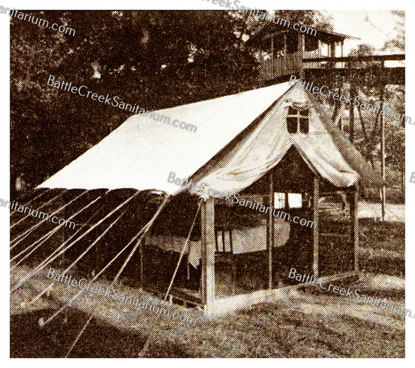TO-106 Open-air tent colonies at Battle Creek Sanitarium. Dr. Kellogg sleeps in treehouse above.