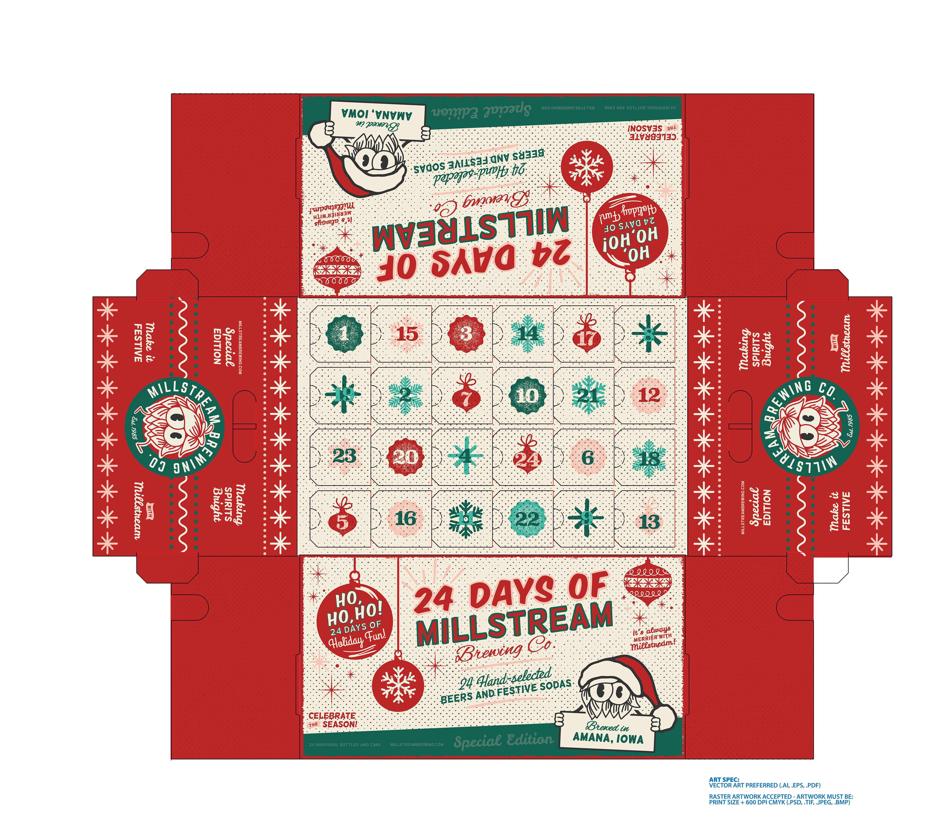 2023 Advent Beer & Soda Box for Millstream Brewing Co. Art Direction, Design and Illustration, Sarah McCoy for 818
