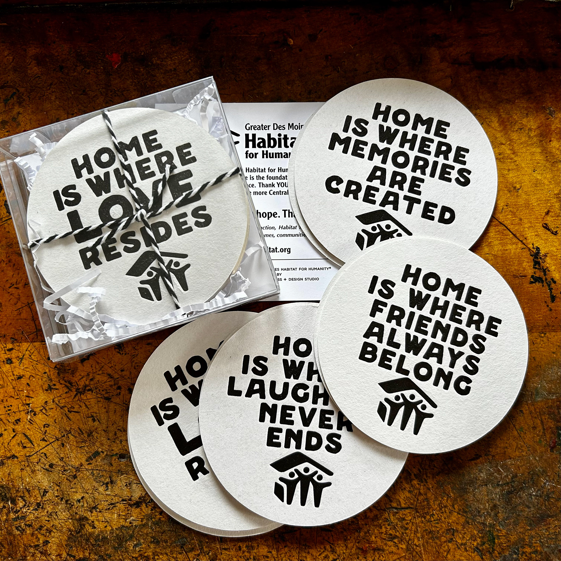 Greater Des Moines Habitat for Humanity special edition coasters. Sets of 8, qty. 150