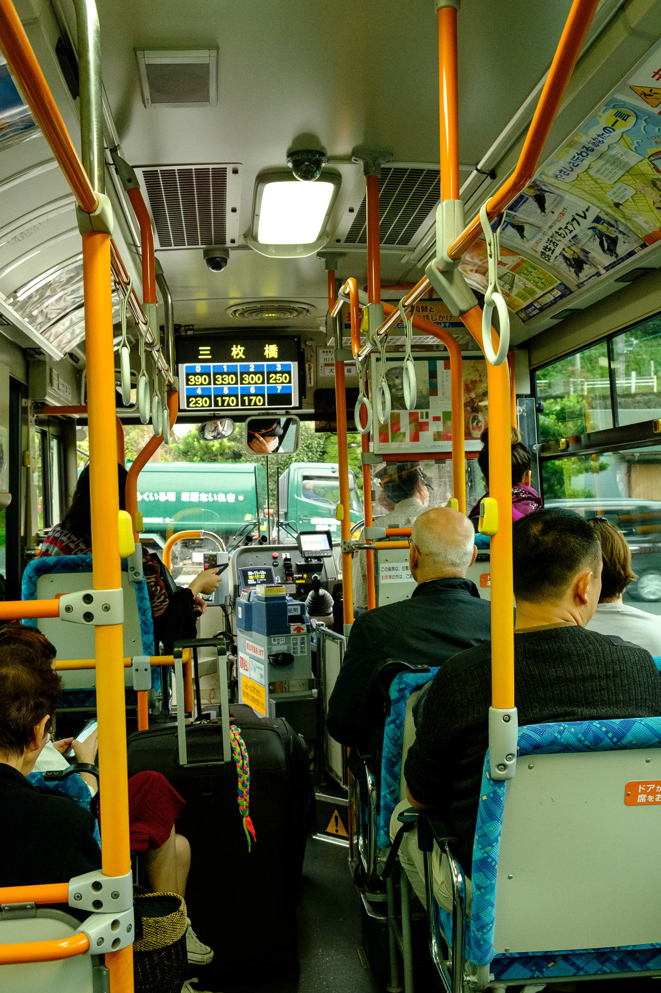 Interior of local bus in Hakone Japan with colorful seats