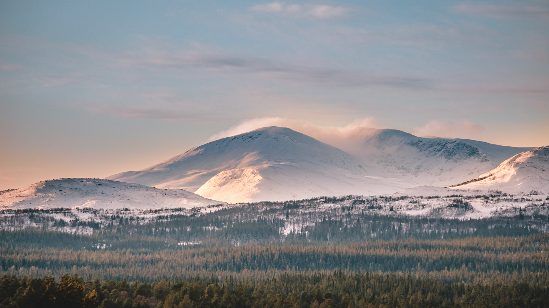 Sunset light kisses the snow-draped summit above the dark evergreen forests of Vålådalen, highlighting the contrast between winter peaks and shadowed valleys.
