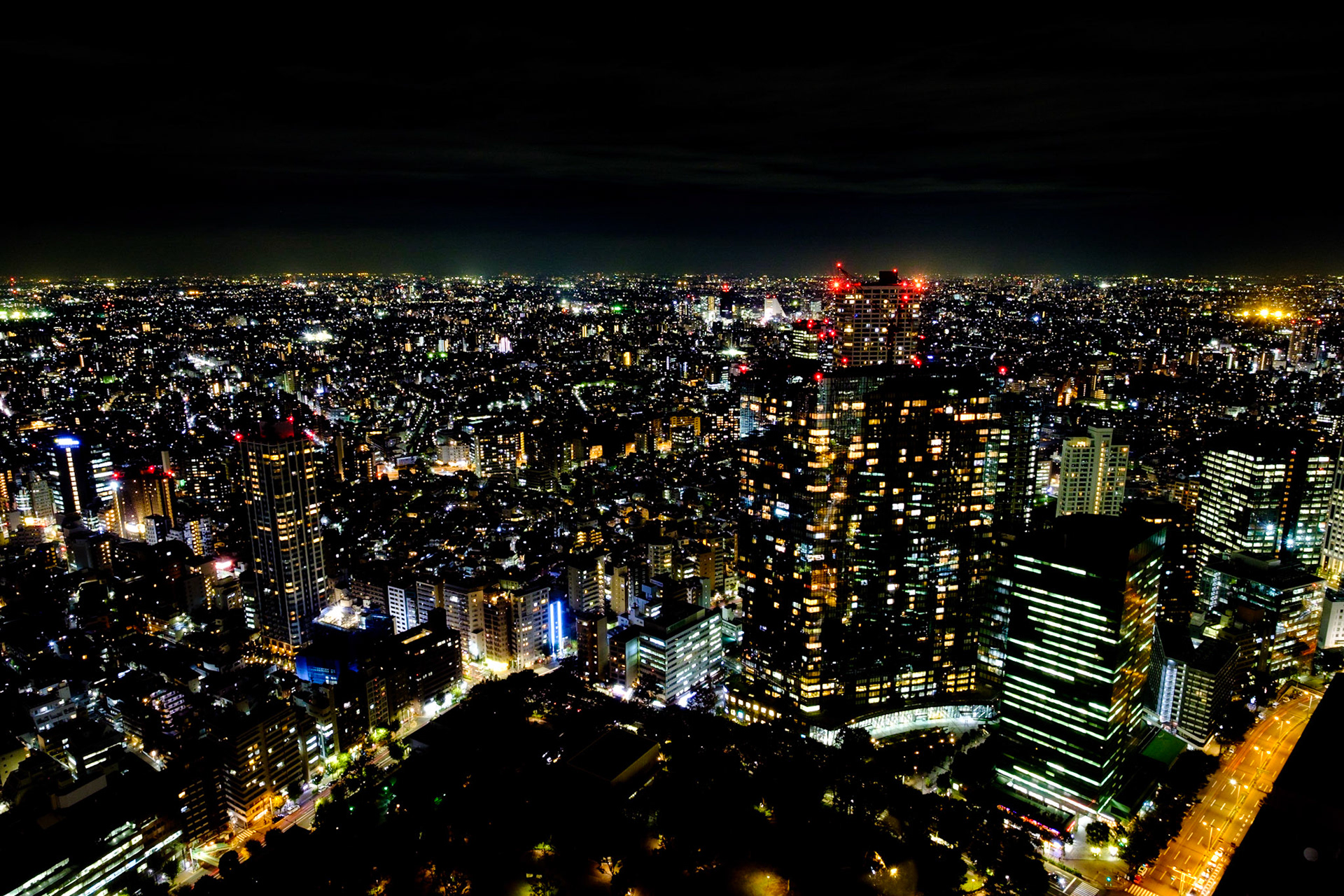 Tokyo skyline at night from the Tokyo Metropolitan Government Building showing endless city lights and skyscrapers, photographed from an observation deck.