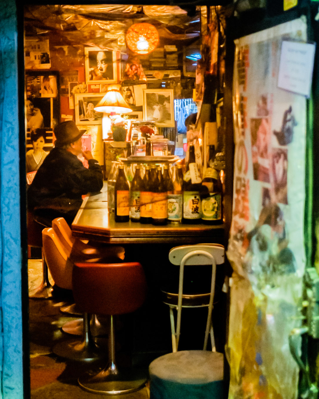 The Golden Gai is a network of really narrow alleys filled with small bars. Some of them only have 4-5 chairs and a bar desk and nothing else.