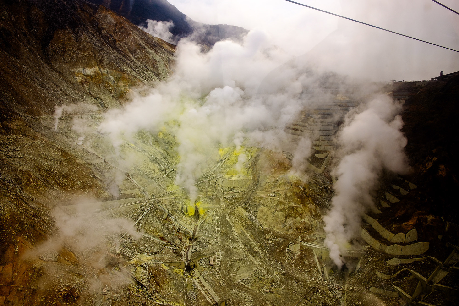 Volcanic steam vents and yellow sulfur deposits at Owakudani seen from above, with dense plumes rising from the rocky landscape.