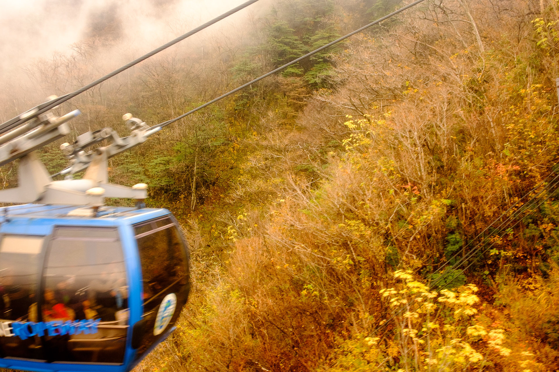 A Hakone Ropeway gondola moving over the autumn-colored mountainside on the way to Owakudani.