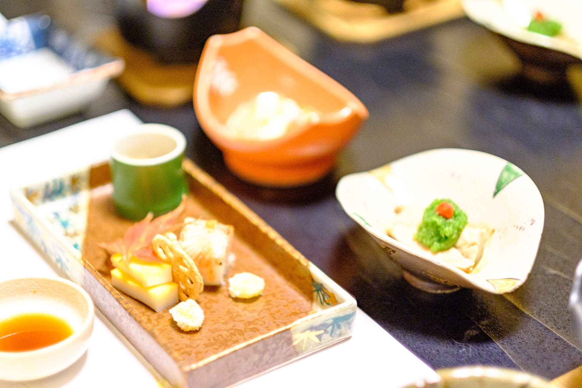 Beautifully plated scallop dish from kaiseki meal in Hakone