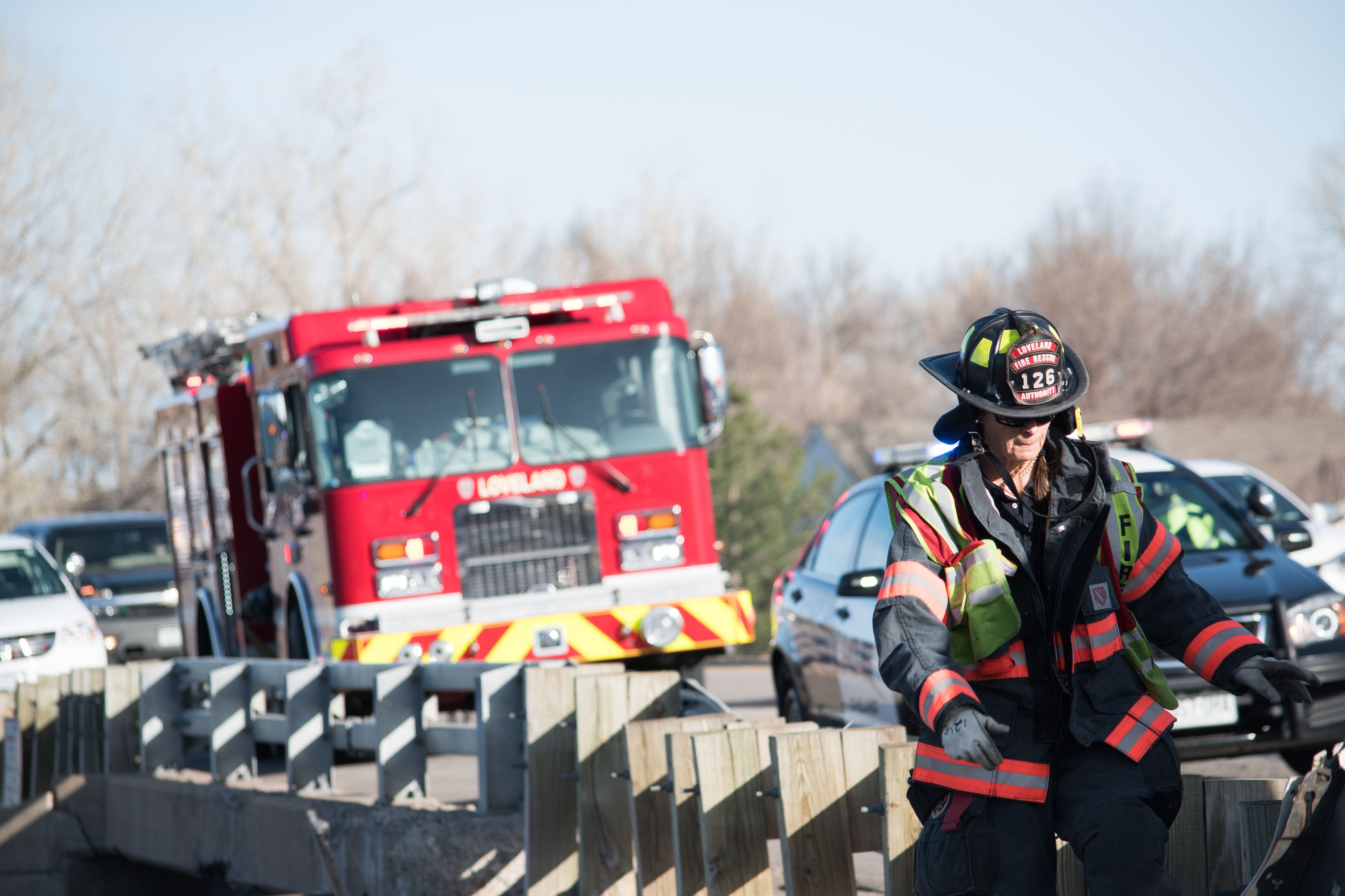 Engineer Janet Probst surveys the scene of a car accident, April 3, 2018.