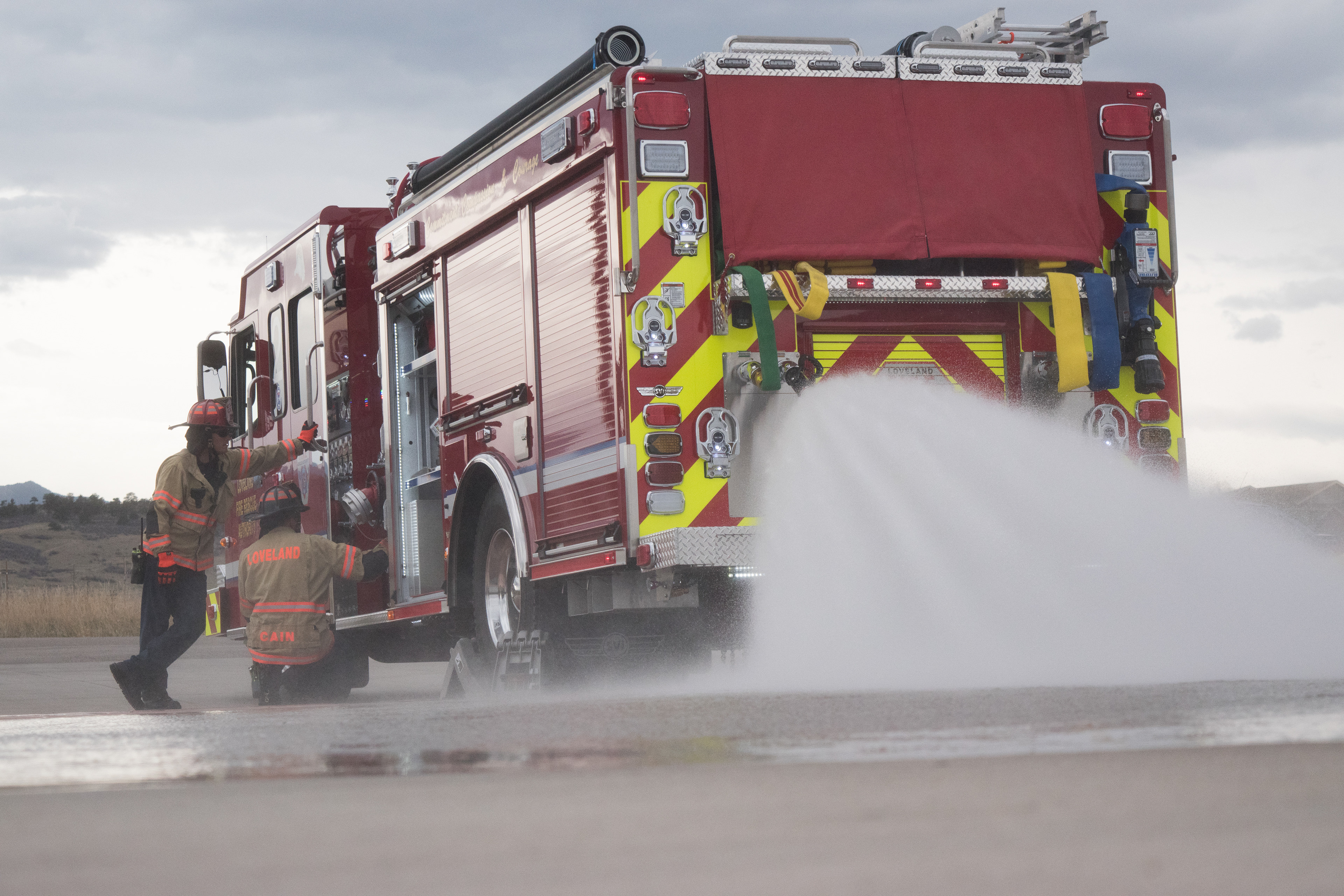Capt. Bryan Clark and Engineer Zack Cain test the capabilities of their new engine at Station 2, April 5, 2018.