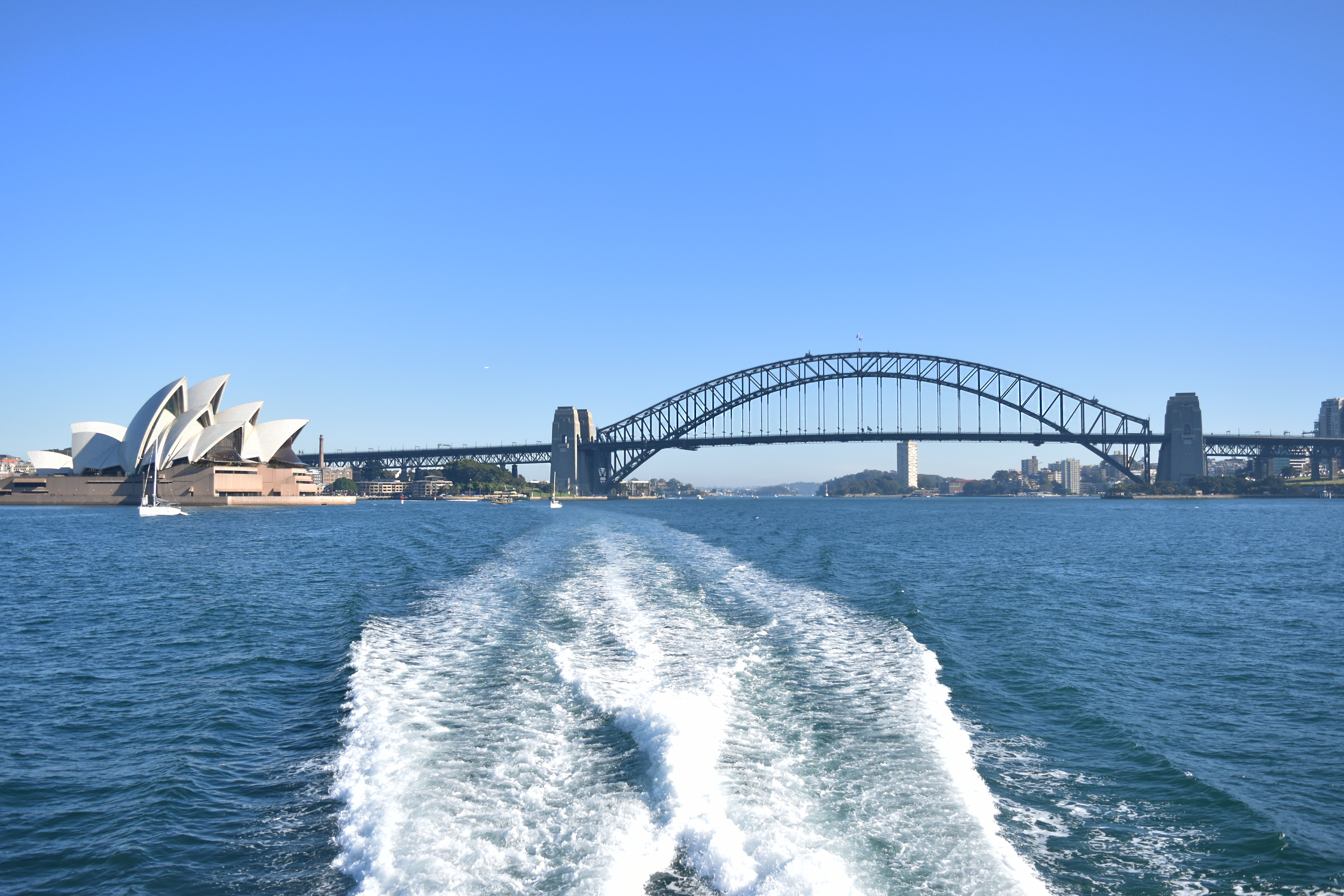 The view of the Harbor Bridge and the Sydney Opera House from a ferry boat, May 25, 2019.