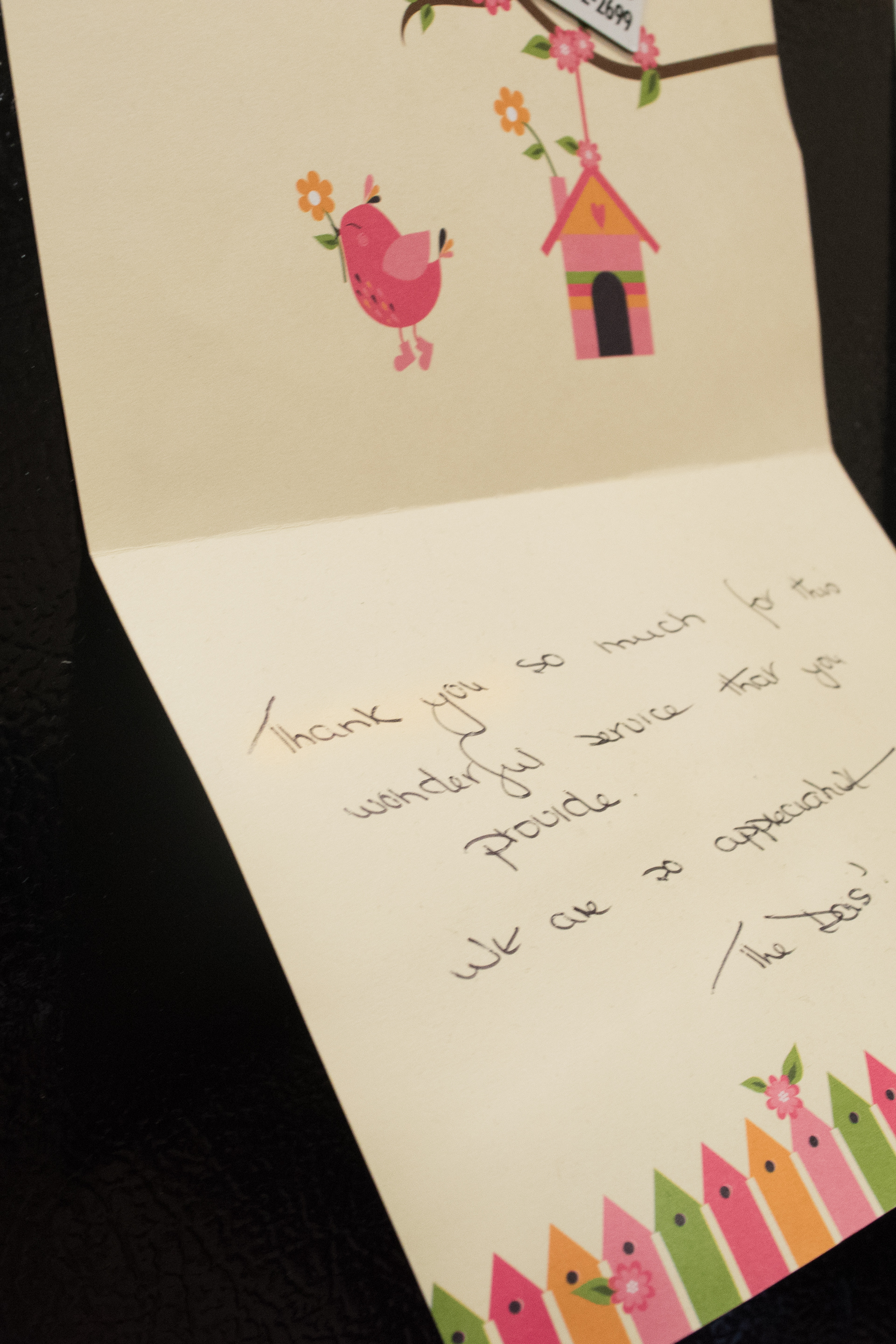 A thank you note hangs on the A shift fridge at Station 1, April 3, 2018.