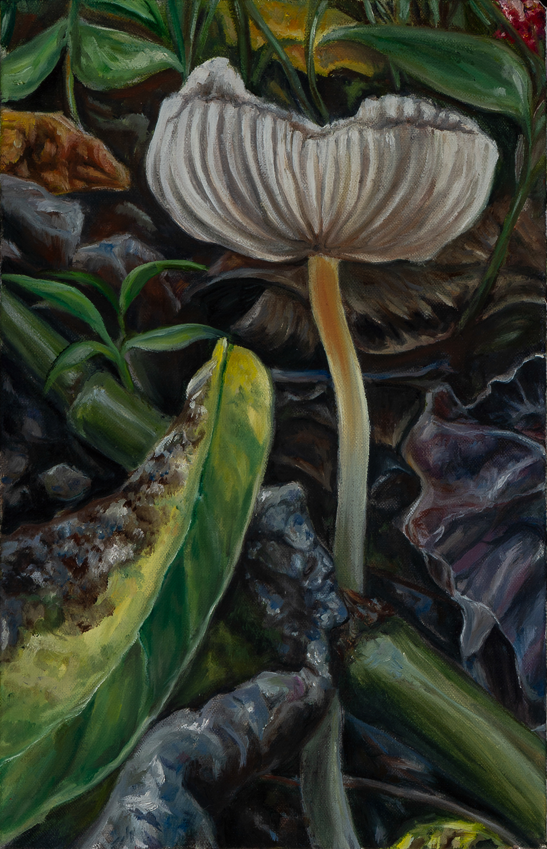 Mushrooms in Leaves, 2021, 14"x9"