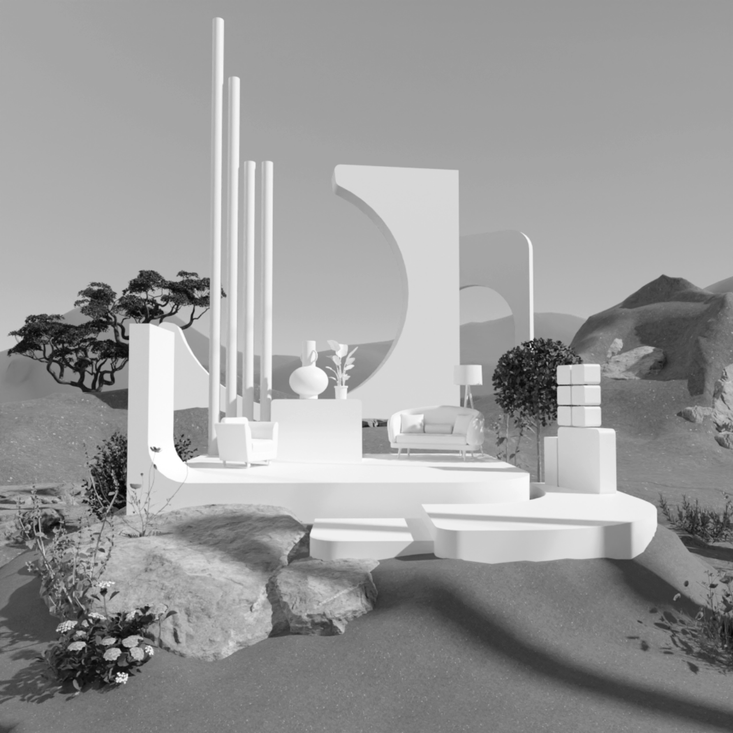 Greybox layout from blender used as base for visual development render for natural spaces template