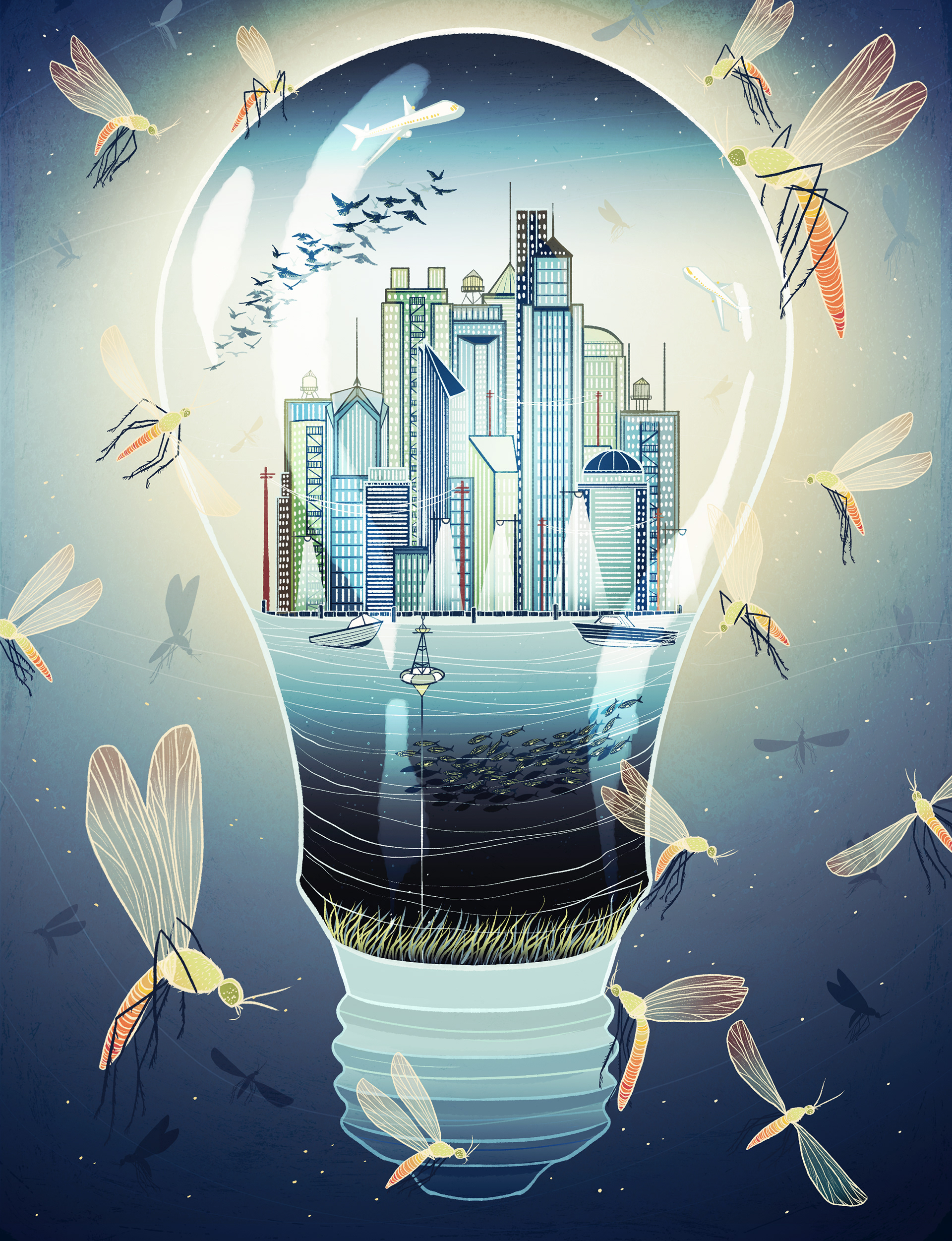 mosquitos fly around a lightbulb with a city inside of it