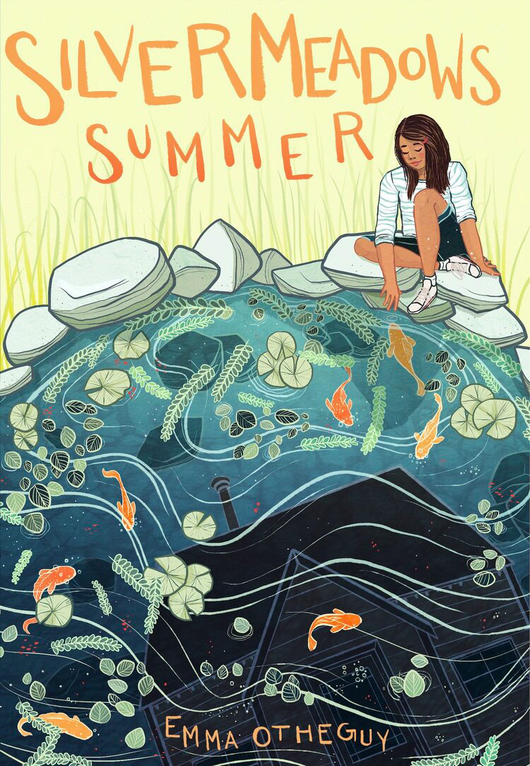 girl looking into pond with fish