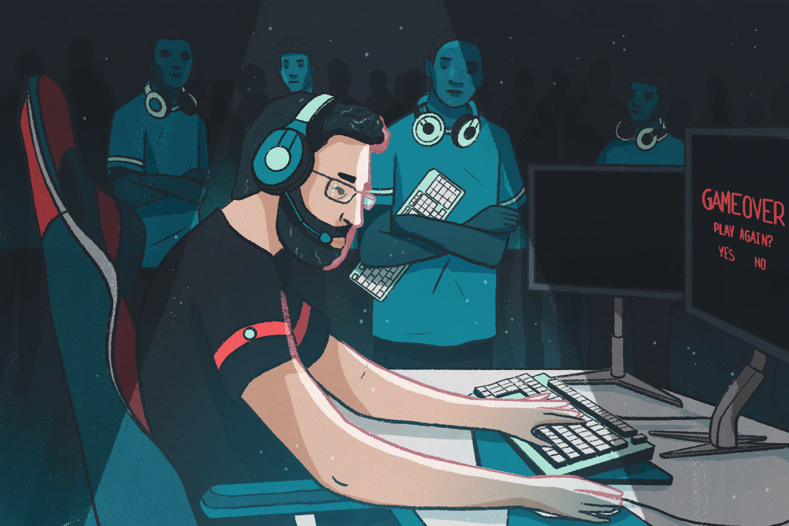 esports player playing video games while younger players wait to take his seat