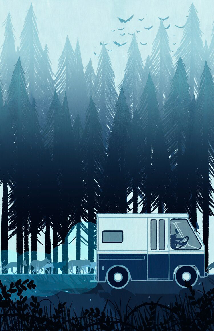 coyotes running through trees to follow a mail truck